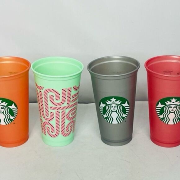 2013 Set of 4 Starbucks Reusable 16oz Plastic Coffee Cups Tumblers No Lids  This - Picture 1 of 7